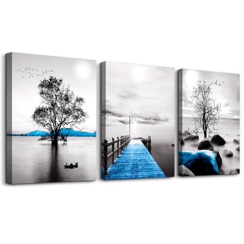 Wall Decorations For Living Room Framed Canvas Wall Art For Bedroom Office Wall Decor Black And White Ocean Landscape Wall Paintings Large Size Modern Posters Pictures Artwork For Home Decor 3 Piece