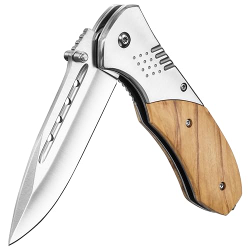 KEXMO Pocket Knife for Men - Sharp Blade Wood Handle Pocket Folding Knives with Clip Glass Breaker - EDC Knives for Survival Camping Fishing Hiking Women Large Olive