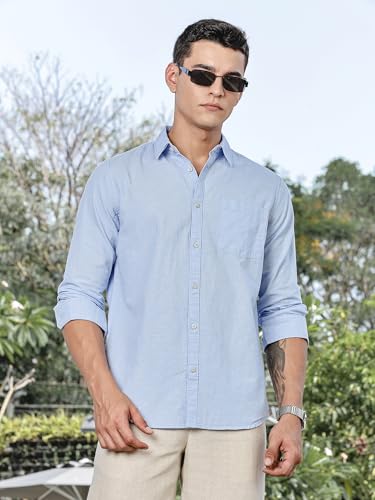 Image of Thomas Scott Men's | Solid | Premium Linen Blend | Spread Collar | Summer Wear | Long Sleeve | Shirts for Men