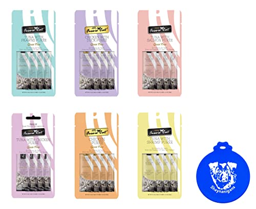 Fussie Cat Puree Grain Free Treat in 6 Flavors: Tuna/Prawns, Chicken/Duck, Chicken, Tuna/Salmon, Tuna/Ocean Fish, and Tuna/Shrimp (6 Four-Tube Packs, 24 Tubes Total, .5 Ounce/Tube) Plus Silicone Lid