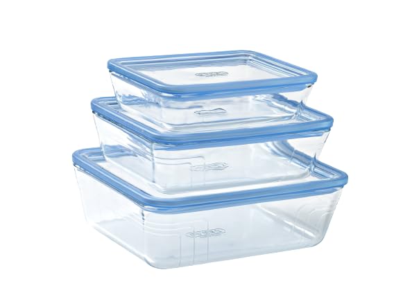 PYREX Zero Plastic - Lot de 3 Boîtes Rectangulaires - Verre Borosilicate - Couvercles en verre - Compatible au Four - Made in France (1 X 0,8L + 1 X 1,5 L + 1...