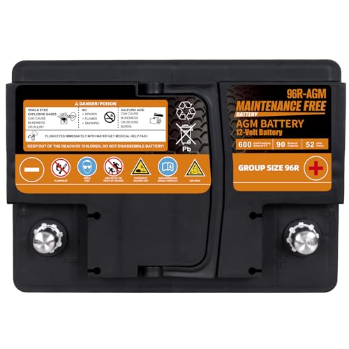 Image of Autocessking Group Size 96R Start and Stop AGM Automotive Battery, 12V 52Ah, 600 CCA, 90 RC Rechargeable Car Battery, 36 Months Warranty