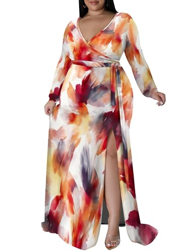 Image of PinkPatty Women's Plus Size Long Sleeve Maxi Dress Casual V Neck Slit Tie Waist Wrap Dresses for Party Cocktail
