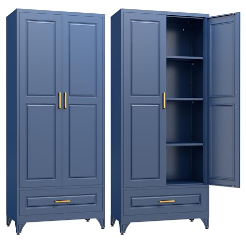 Steeloong Tall Blue Metal Kitchen Cabinet With Gold Handles