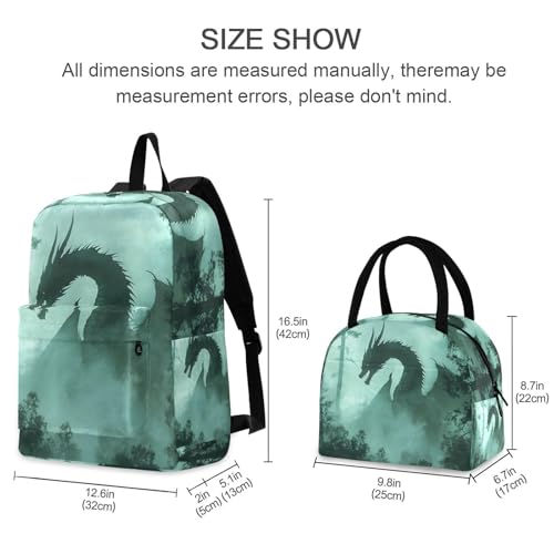 Backpack Lunch Box Set Large Capacity Travel Backpacks and Insulated Lunch Bag for Commute Hiking Picnic Dragon in Forest Print2