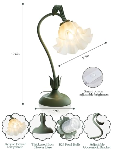 Flower Table Lamp,LED Reading Light Bedside Vintage Flower Night Light,3 Colors Modes Kawaii Bedside Lamps Decor,Living Room Bedroom Room Lighting Table Lamps Home Decoration (Green)