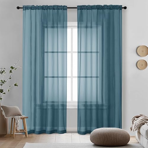Image of OVZME 2 Pieces Dusty Blue Sheer Curtains 84 inches Long-Lightweight Soft Window Treatment Panels for Master Room /Living Room, 2 Panels=84 inch W, Each W42 x L84