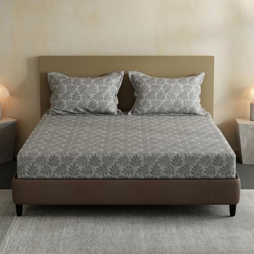 Image of Layers 100% Cotton Bedsheet for Double Size Bed | Lumina Floret Collection | 144 TC Soft & Breathable | Floral Print with 2 Pillow Covers | Wrinkle Free & Colorfast | 3 Piece Bedding Set - Grey