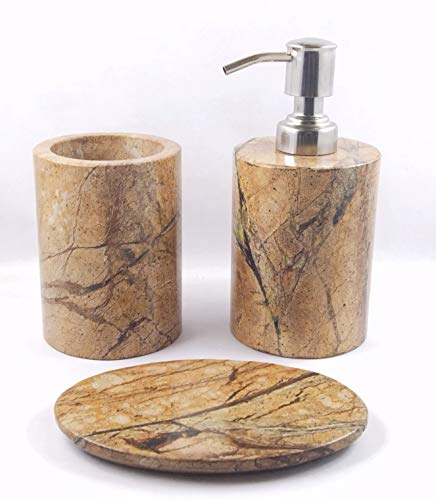 Image of Luxury Marble Bath Accessories Includes Soap Dispenser, Toothbrush Holder and Soap Dish (Golden Brown) -Set of 3