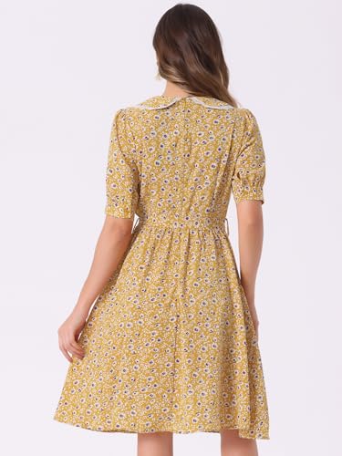 Image of Allegra K Women's Vintage Peter Pan Collar High Waist Flowy Midi Puff Sleeve Floral Dress