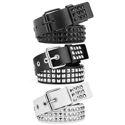 3 Pcs White Black Studded Belt, Y2K Belt Goth Emo Punk Rock with Grommet Bright Metal Pyramid for Women Men