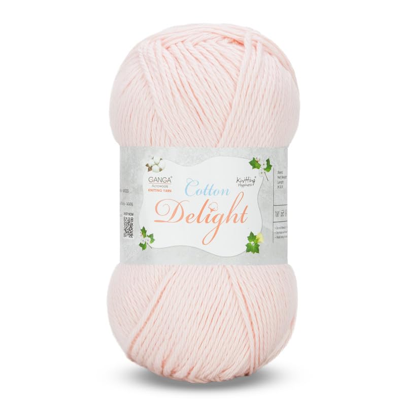 Image of Ganga Acrowools Cotton Delight, Dk Weight Cotton Yarn, Oekotex Class L Certified 100G, 169M, Pack of 1 Ball - 100gm Each, Shade No. - COD084 Blush Pink