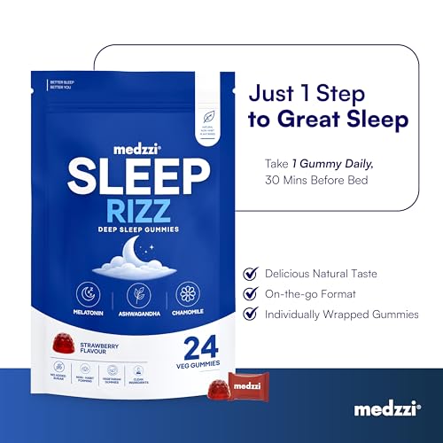 Image of Sleep Gummies with Melatonin, Ashwagandha & Chamomile | Promotes Deep Sleep, Reduces Stress & Calms Mind | Strawberry Flavour | 24 Veg Gummies