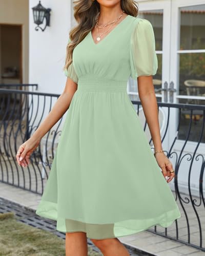 Image of Holipick Women Summer Casual Dress Wedding Guest V Neck Short Sleeves Smocked Waist Chiffon Swing Knee Length Midi Dresses