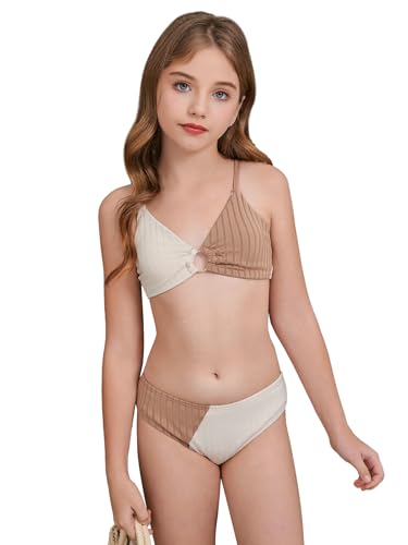 OYOANGLE Girl's 2 Piece Colorblock Ring Linked Bikini Swimsuit Ribbed Knit Bathing Suit2