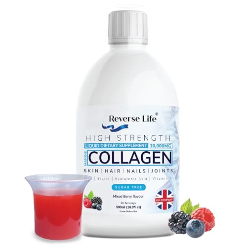 Reverse Life - High Strength Marine Collagen Liquid - Skin Hair Nails & Joints - 10 000mg Hydrolysed Peptide Food Supplement Drink - Hyaluronic Acid Biotin Vitamins C and D - Mixed Berry Flavour