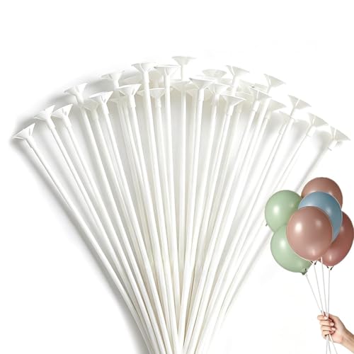 ChengJunXin 100 Pcs 32cm Plastic Balloon Stick with Cups - Balloon Sticks and Holders Reusable for Wedding Birthday Party Decor White Balloon Sticks Kit for Anniversary Celebration Supplies.