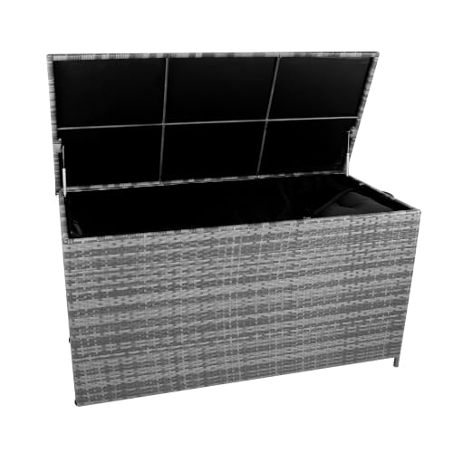 Rattan Garden Storage Box 700L Grey Water Resistant Zipped Lining Cover Cushion Blanket Tools Toys Furniture Large Chest Outdoor Patio Deck Steel Frame Weather Resistant Gas Lift Lid Portable Wheels