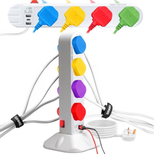 Image of Duronic Tower Extension Lead ST8W 8 Gang Surge Protected Extension leads with USB and USB-C Slot White 8 Way Electric Power Strip with Spike Protection Multi Plug Outlet Socket with 2m Cable & UK Plug