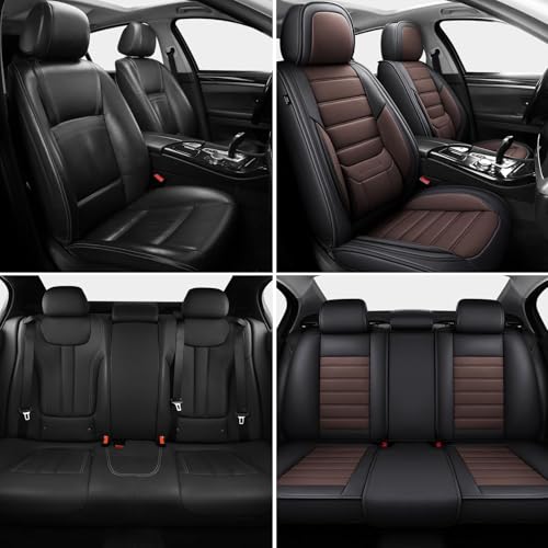 Image of MINGBRON Car Seat Covers Full Set, Brown Car Seat Cover Lumbar Support, Car Seat Protector Waterproof, Nappa Leather Car Seat Cushion, Front Seats and Back Fit for Most Cars
