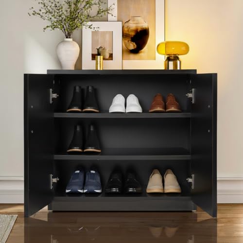 Image of Shoe Rack with Doors | 3 Tier Closed Shoe Cabinet | Compact Footwear Storage for Entryway, Living Room & Bedroom (L 60 x B 32 x H 60 cm) DIY (Midnight WENGE)