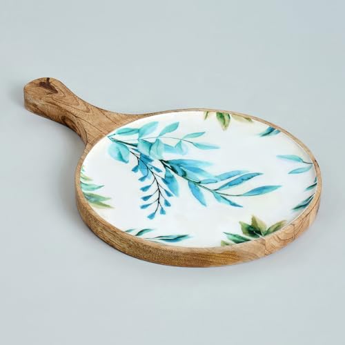 Image of SAAGA White and Aquamarine Mango Wood Pizza Serving Tray - Stylish Round Snack Plate (15x10 Inch) for Kitchen, Home, Cafes & Restaurants