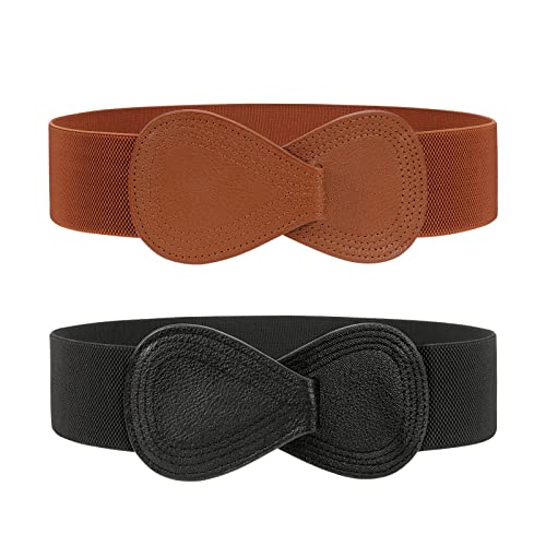 JASGOOD 2 Pack Women Stretchy Belts for Dress Vintage Wide Elastic Waist Belts