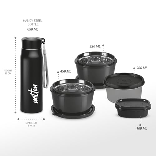 Image of MILTON Max Meal Tiffin (2 Microwave Safe Inner Steel Containers, 320, 450ml;1 Plastic Container,280ml; 1 Handy Bottle,690ml,1 Plastic Chutney Dabba,100ml) with Fabric Bag,Black,Leak & Odour Proof