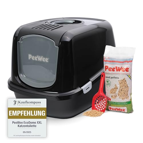 Katzentoilette XXL PeeWee EcoDome schwarz Katzenklo mit Haube Katzen WC geschlossen inkl. 3kg Streu Holzpellets
