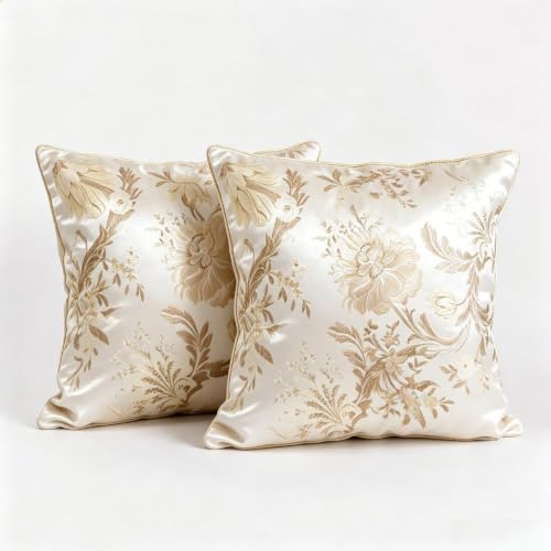 QIFONIX Victorian Elegance Luxury Decorative Throw Pillow Covers, Floral Embroidered Satin with Gold Fringe Trim, Cream and Gold, Holiday Home Decor (Light Champagne,18" x 18" (Pack of 2))