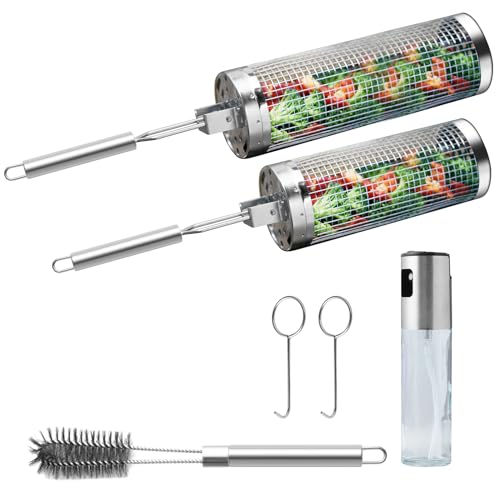 Meytunsin Nesting Grill Baskets (2PCS), 304 Stainless Steel with Removable Stainless Steel Handle, Rolling Grilling Net, BBQ Accessories Tools for Vegetables Shrimp, Outdoor Cooking Camping, Gifts for Men Dad Husband