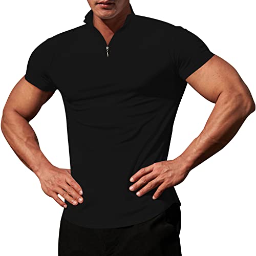 Logeeyar Mens Quarter-Zip V Neck Polo Shirts Slim Fit Short Sleeve Athletic T-Shirt Casual Golf Tees Workout Lightweight Sports Henley Shirt Black #TOP1