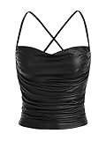 MakeMeChic Women's Faux Leather Top Criss Cross Ruched PU Leather Cami Tank Top Vest Black M