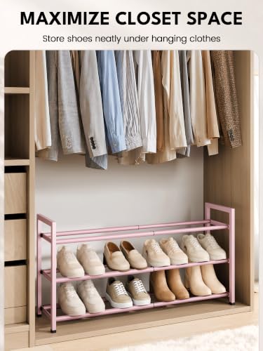 Image of Bumusty 3-Tier Expandable Shoe Rack for Closet, 18 inch-33 inch Adjustable Shoe Rack for Small Space, Small Shoe Organizer for Front Door, Sturdy Metal, Pink