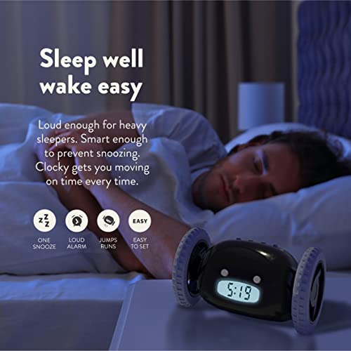 Clocky Alarm Clock On Wheels (Authentic) | Extra Loud For Heavy Sleeper (Adult Or Kid Bed-Room Robot Clockie) Funny, Rolling, Run-Away, Moving, Jumping (Black & Chrome) #TOP7