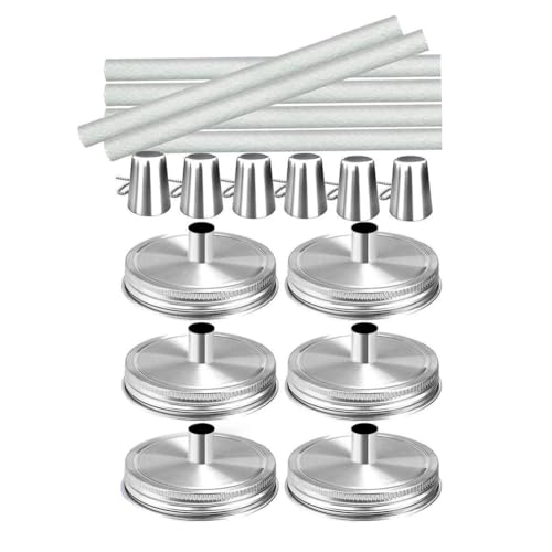 Wisboey Einmachglas-Tischfackel-Set, 6er-Packung mit Deckeln mit Normaler Öffnung, Dochten und Kappen, Öllampen für Den Außenbereich Als Dekoration für Terrasse und Garten