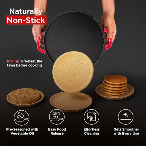 Image of Pigeon Pre-Seasoned Cast Iron Tawa 30cm |Pre-Seasoned with 100% Vegetable Oil |Naturally Nonstick |High Pressure Casting |Toxin-Free |Double Side Handles|Induction & Gas Stove Compatible