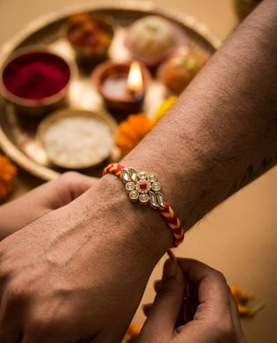 Image of 2 Pcs Traditional Floral Meenakari Rakhi with Roli Chawal, Red and Yellow Braided Thread Crystal Stone Centerpiece Rakshabandhan Rakhi for Brother Elegant Design Rakhis for Bhai