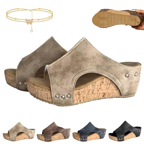 Cork Wedges & Platform Slides, Women's Thick Sole Comfort Leather Non-Slip Wedge Heel Slip-On Sandals