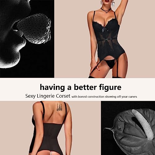 Topmelon Corset Lingerie Set For Women With Underwire Spaghetti Strap Garter Lingerie Set Push Up Bustier Corset Waist Cincher Overbust Black #TOP1