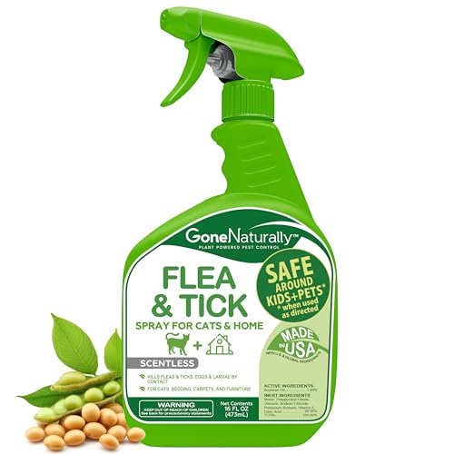 GoneNaturally Flea and Tick Spray for Cats & Home – Scentless Plant-Based Cat Flea Spray with No Essential Oils – Kills Fleas, Ticks, Eggs & Larvae on Cat's Fur, Bedding & Furniture (16oz)