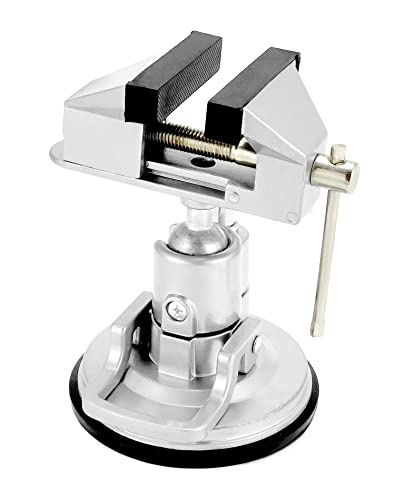 QWORK Portable Vacuum Base Vise with Multi-Angle Rotation - 3.15 Jaw Width Pivots Vise Portable Vacuum Base Vise for Various Smooth Work Surfaces