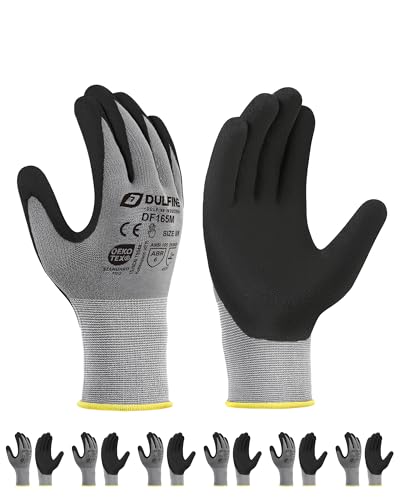 DULFINE Work Gloves for Men and Women,Grey Knit Nylon Glove with Touchscreen MicroFoam Nitrile...