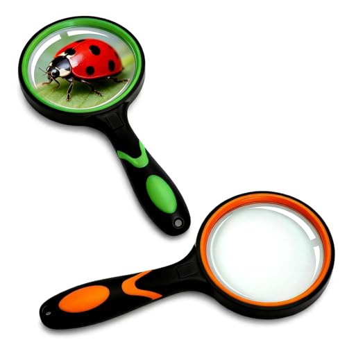 Lot de 2 Loupes à Main 75mm, 10x Loupe de Lecture avec Lentilles Incassables, Loupe à Main Poignée Ergonomique et Antidérapante, Idéal pour la Lecture Grossissement, l'Observation d'Insectes