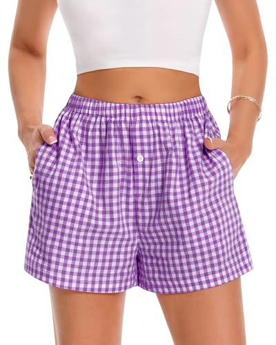 Image of Women Boxer Shorts Summer Gingham Pj Casual Plaid Bottoms with Pocket