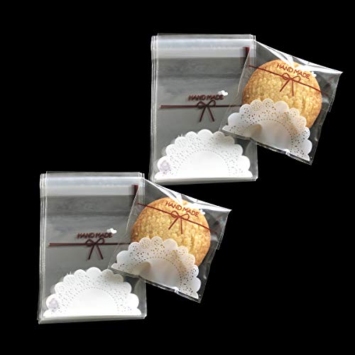 Enenes Self Adhesive Bag 300 PCS Cute Treat Bags Flat Goody Bag with Doily Pattern Party Favor Bags for Handmade Candies and Gummies (3 Size)