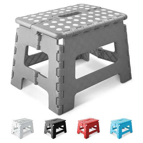 KEPLIN 9 Inch Heavy Duty Folding Step Stool | Non-Slip Foldable Footstool for Toddlers Children & Adults | Portable Lightweight Plastic Footstep w/Carrying Handle for Indoor or Outdoor (Grey)
