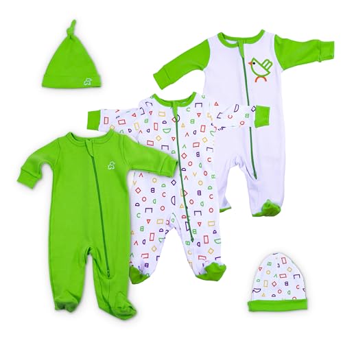 Image of BABYCIRCUS, Gender-Neutral, Baby Footed Pajamas/Sleep’n Play, Reversible Beanie, Knotted Beanie (Pack of 5)