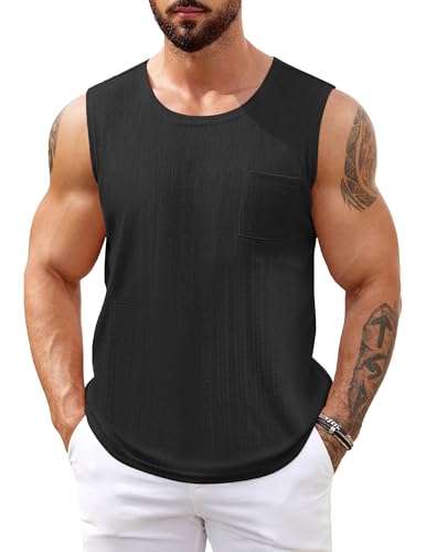 COOFANDY Men's Knit Tank Tops Sleeveless Casual T Shirts Beach Lightweight Tee with Pocket Black X-Large