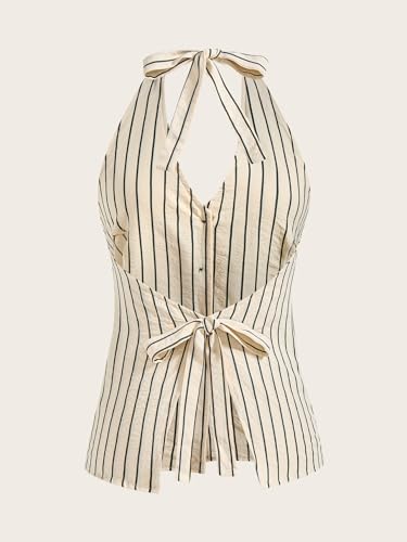 Women's Striped Halter Vest Top Tie Backless Button Up Split Hem Party Club Tops2